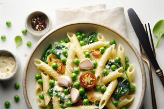 Savor the Delight: Creamy Garlic Pasta with Fresh Peas
